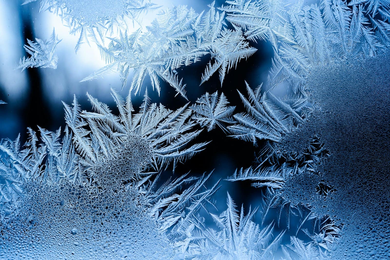 Close-up of frost patterns on a winter window pane