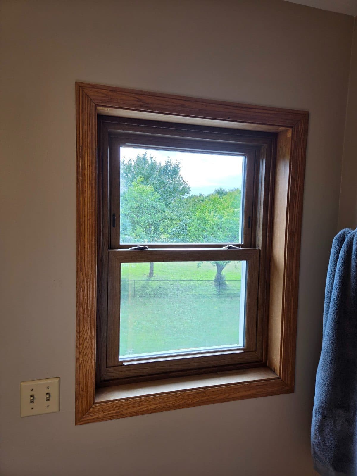 Oak-trimmed double-hung window in a bathroom